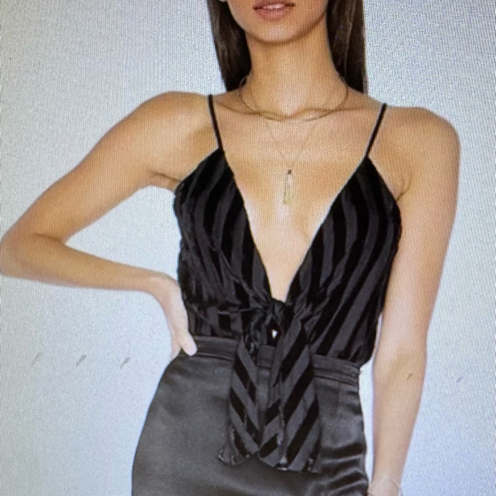 Revolve x House of Harlow 1960 Lauren black velvet stripes bodysuit, size XS